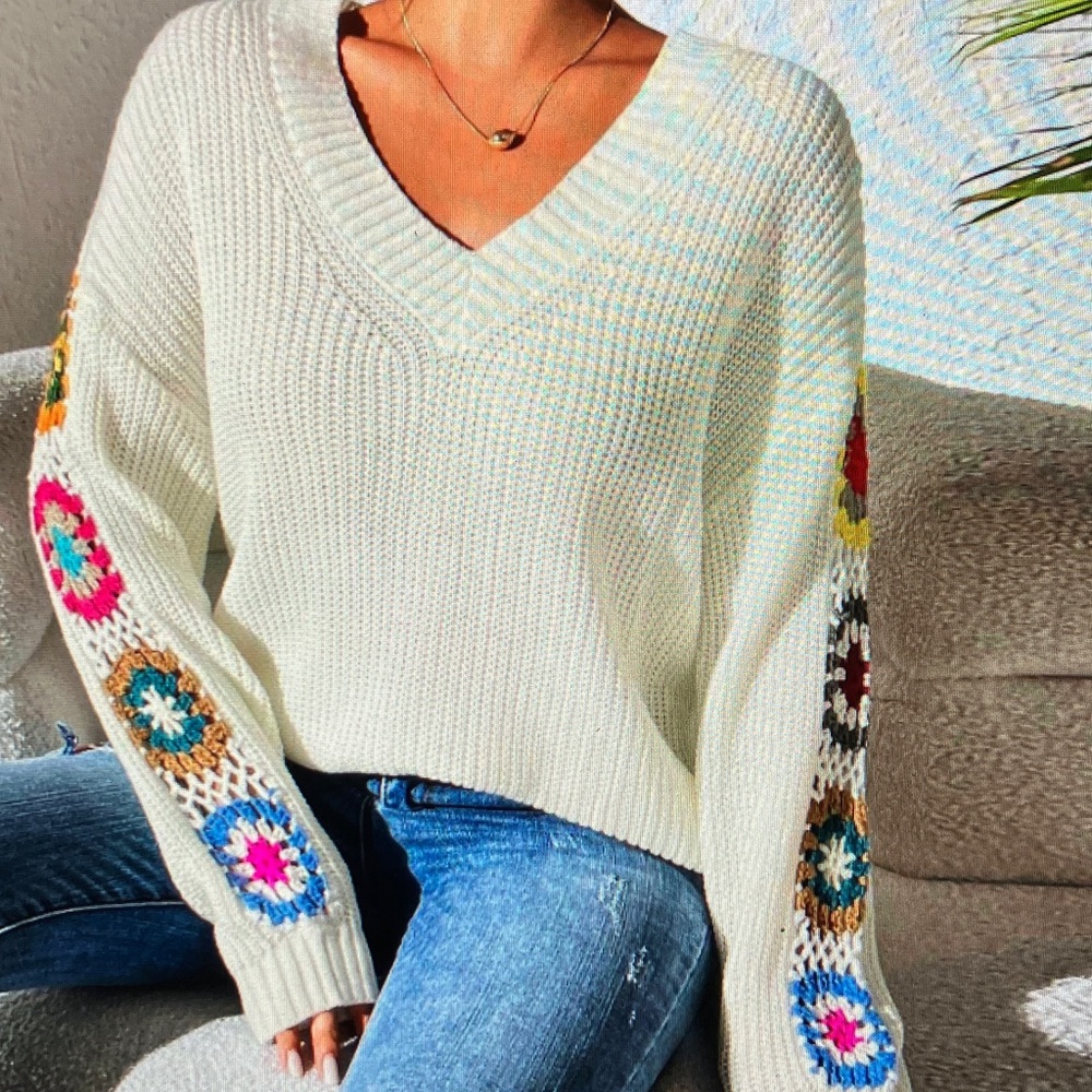 Women's Cream Sweater with Colorful Crochet Sleeves